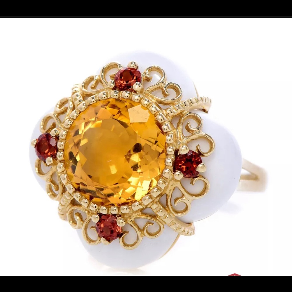 Estate Citrine Garnet Onyx 14K Gold Quatrefoil Filigree Ring 6.2 Grams NR